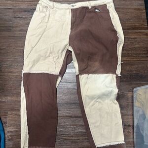 SHEIN Two-Tone Patchwork Jeans - Brown and Cream